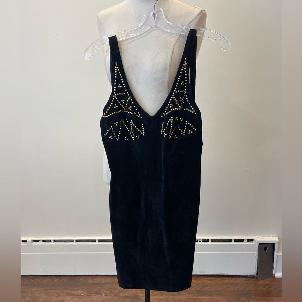 Vintage black suede leather dress with gold embellishments ||Black dress vintage